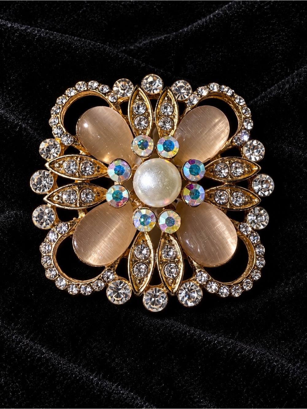 Gold Floral Crystal and Pearl Brooch in Peach and Gold Tones with Touches of AB
